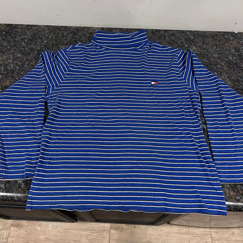 Vintage Y2K Tommy Hilfiger Blue Striped Long Sleeve Turtle Neck Shirt Womens XL